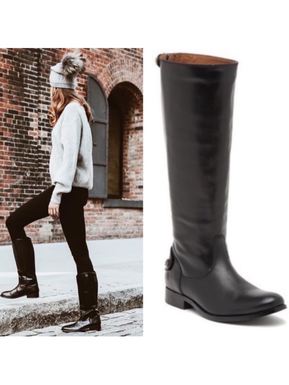 Frye Melissa Black Italian Leather Button Back Zip Wide Calf Leather Riding Boot